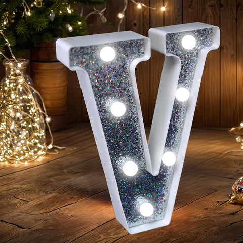 Letter V Style LED Marquee Lamp, Silver Glitter Light Up Letter Sign, Battery Powered Tabletop Decorative Marquee Light with On/Off Switch for Wedding, Birthday, Party and Home Decor