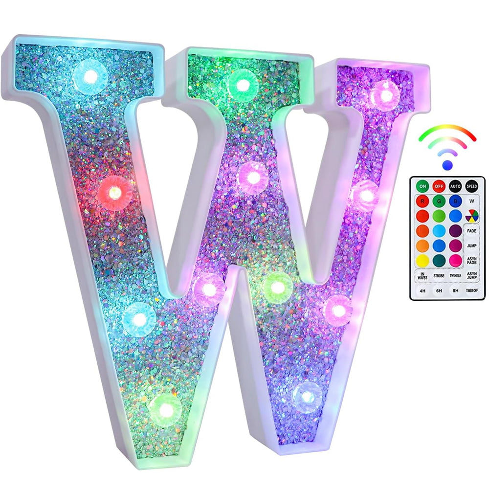 W Style Color Changing LED Letter Light, Glitter Marquee Lamp with 18 Colors, Remote Controlled, Battery Powered Decorative Letter Light for Party, Wedding, Birthday and Home Decor
