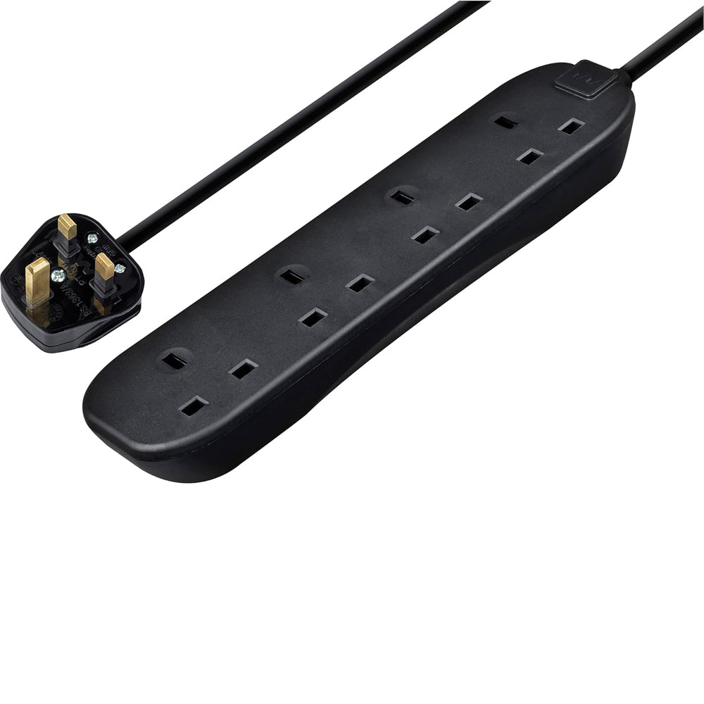 Masterplug Four Socket Extension Lead, 5 Metre Cable, Unswitched, 4-Way Plug Extension Cable, Power Strip, Basic Power, Black, 13A, 4G, 5m, BFG5NB