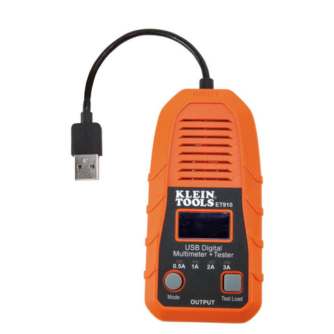 Klein Tools ET910 USB-A Power Meter Tester – Digital Voltage Current Capacity Energy Resistance Monitor 3–20V DC with Built-in Load Testing 0.5A–3A for USB Fast Charge & QC Ports