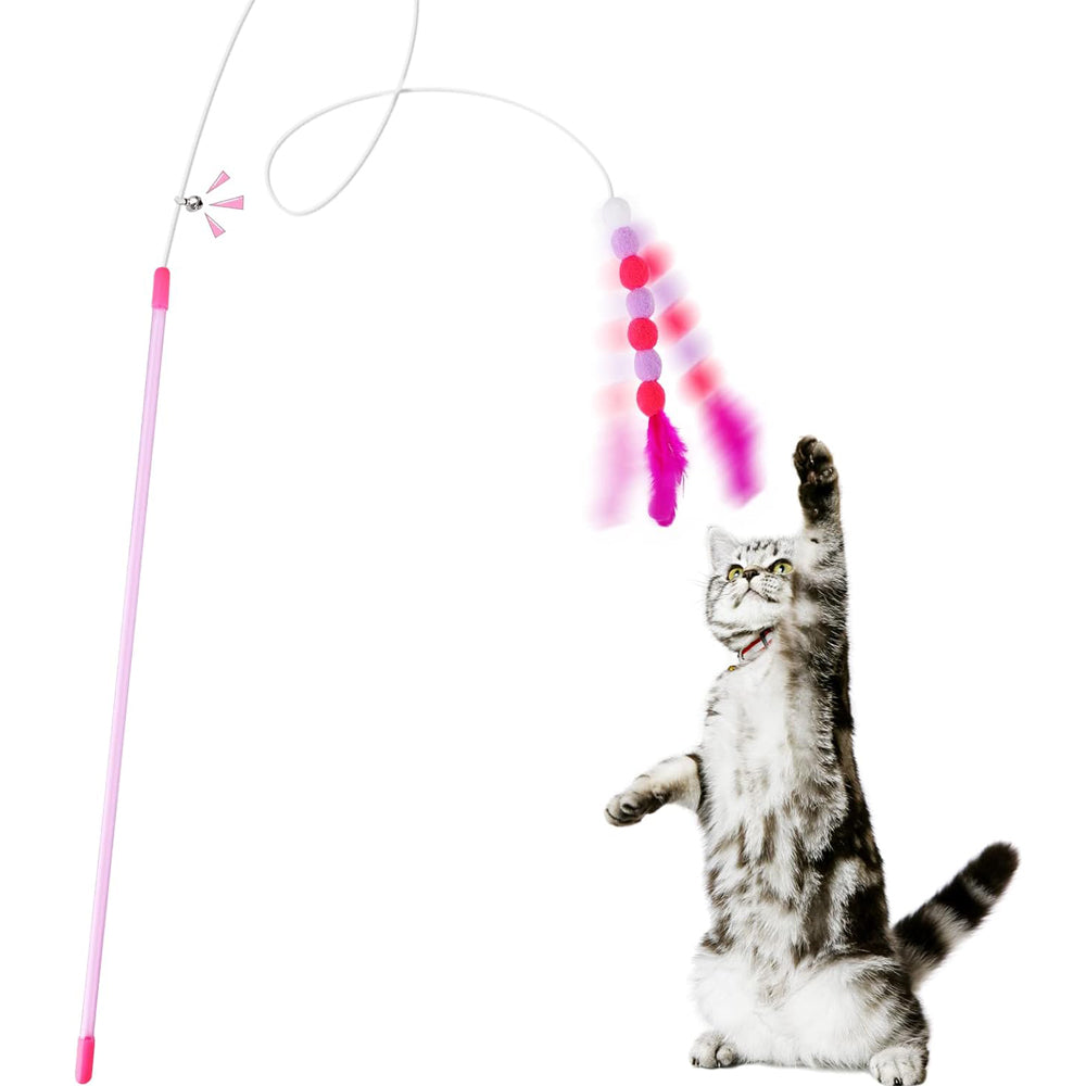 Cobee Cat Feather Toys - Soft Wand with Bell Pompom, Interactive Cat Teaser for Indoor Kittens Pink