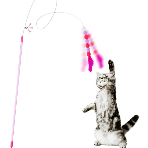 Cobee Cat Feather Toys - Soft Wand with Bell Pompom, Interactive Cat Teaser for Indoor Kittens Pink