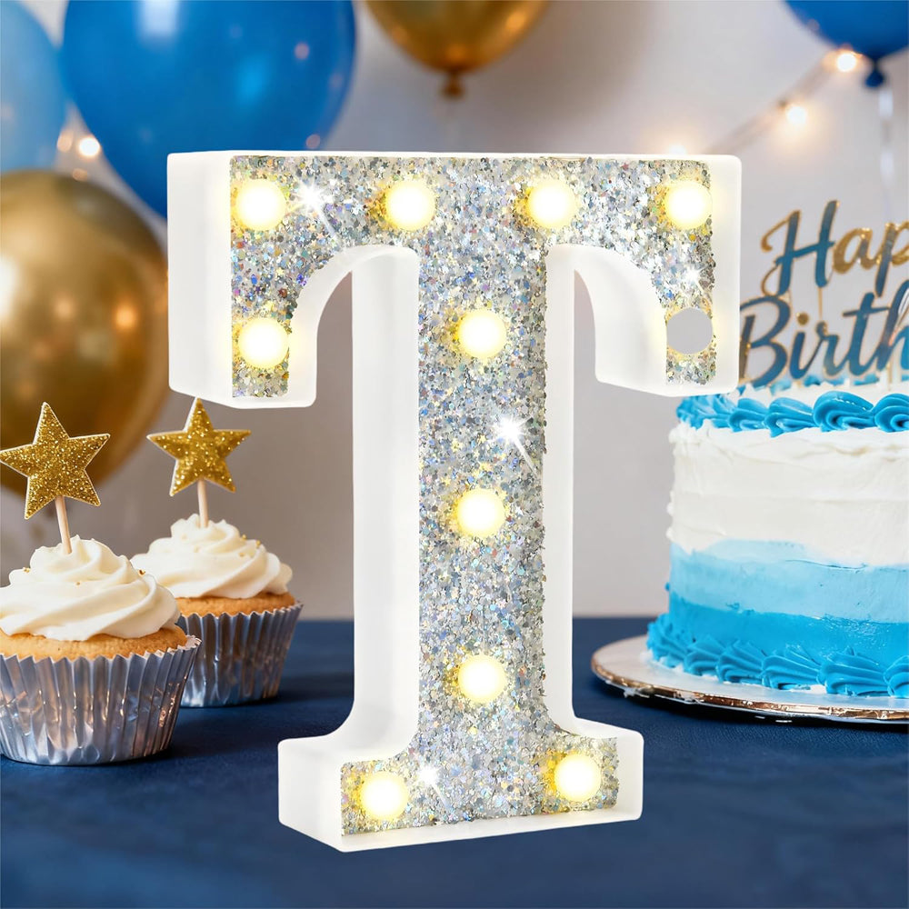 T Style Silver LED Marquee Letter Light, Battery Powered Decorative Night Lamp for Home, Party, Wedding and Event Decor
