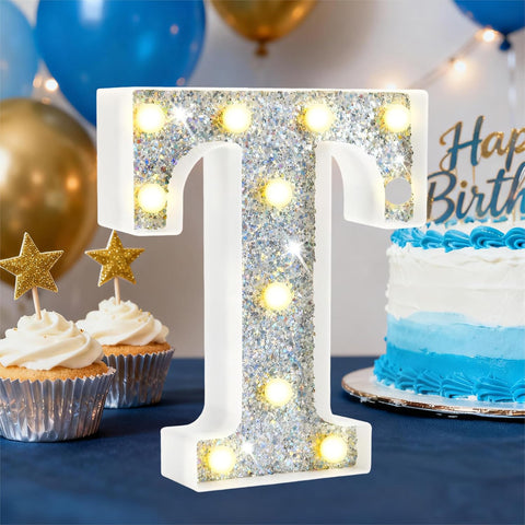 T Style Silver LED Marquee Letter Light, Battery Powered Decorative Night Lamp for Home, Party, Wedding and Event Decor