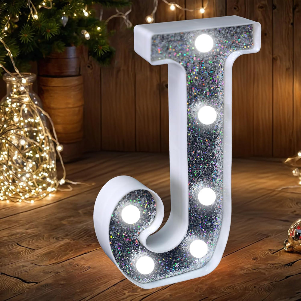Letter J Style LED Marquee Lamp, Silver Glitter Light Up Letter Sign, Battery Powered Tabletop Decorative Marquee Light with On/Off Switch for Wedding, Birthday, Party and Home Decor