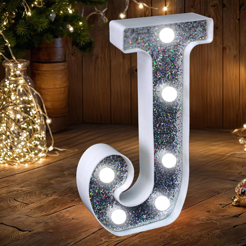 Letter J Style LED Marquee Lamp, Silver Glitter Light Up Letter Sign, Battery Powered Tabletop Decorative Marquee Light with On/Off Switch for Wedding, Birthday, Party and Home Decor