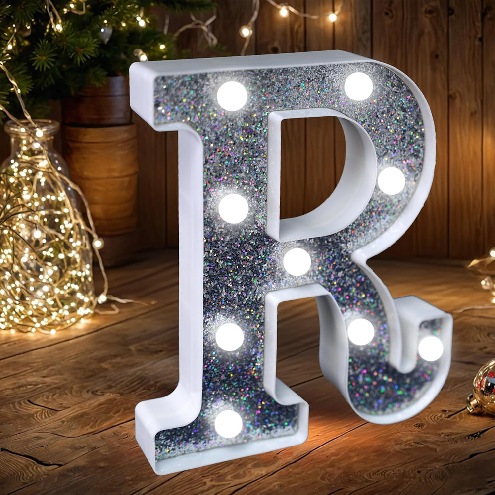 Letter R Style LED Marquee Lamp, Silver Glitter Light Up Letter Sign, Battery Powered Tabletop Decorative Marquee Light with On/Off Switch for Wedding, Birthday, Party and Home Decor