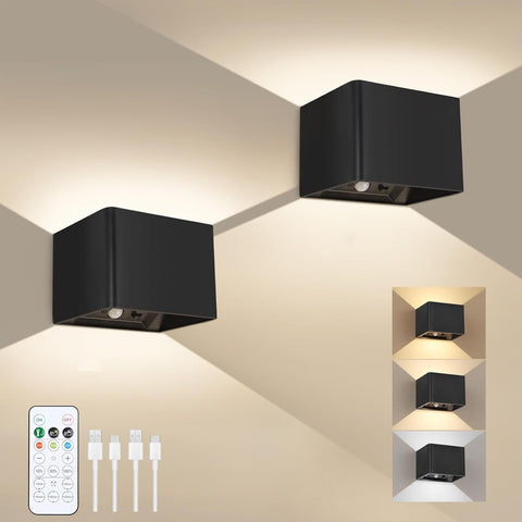 2PCS Rechargeable Wall Lights Indoor with Motion Sensor, Remote Control, 3 Dimmable Color, Up and Down Magnetic Wireless Wall Sconces for Bedroom, Living Room, Hallway & Stairs
