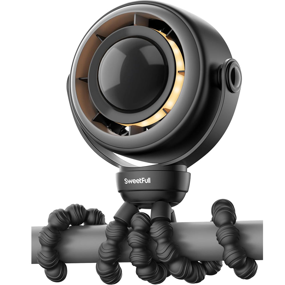 SWEETFULL Portable Pram Fan - 360° Rotating Baby Stroller Fan Clip On, 4000mAh Rechargeable 4-Speed Handheld Cooling, LED Display & Night Light for Buggy/Car Seat/Crib Travel Essentials