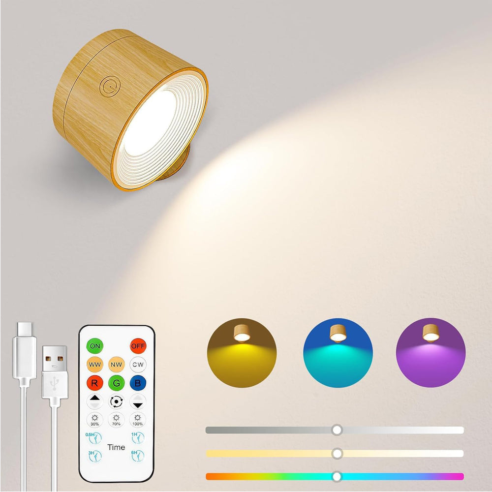 Battery Operated Wood Grain Wall Lights Wood Grain, Rechargeable Wall Lights Indoor, 3500mAh Magnetic Wall Lamp with Remote, 3 Color Temperatures & 13 RGB & Dimmable 360° Free Rotation Wall Sconces