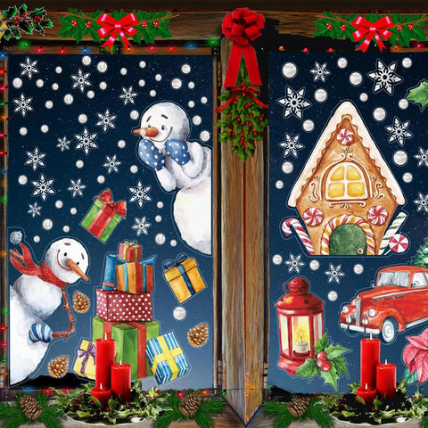 Christmas Window Stickers Set – 8 Sheets of Snowman, Santa & Gift Decals for Holiday Window Decorations