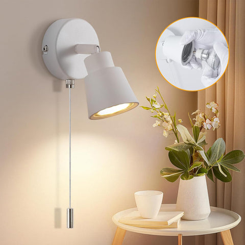 White Wall Lights with Pull Cord Switch GU10 - Modern Pull Cord Light Switch 350° Rotatable - 50W Indoor Wall Sconce Lights for Bedroom Bedside Living Room Kitchen Desk