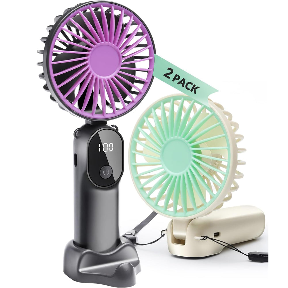 2 Pcs Portable Handheld Fans, Mini USB Rechargeable Fans with Neck Strap & Detachable Desk Base, 90° Foldable, 6 Speeds, Hand Held Fans for Outdoor, Home, Office, Travel, Camping&Commute