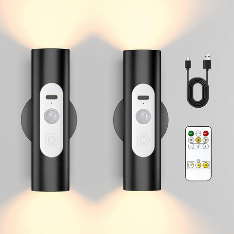 Motion Sensor Wall Lights Indoor - Rechargeable Battery Operated Wall Sconces with Remote Control, Wireless LED Wall Lamp for Hallway, Stair, Bedroom, Living Room, Black Metal, 2 Pack