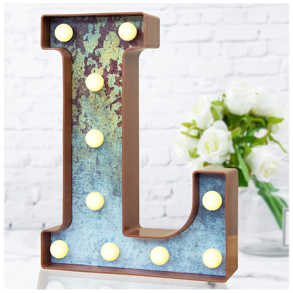 L Style LED Marquee Letter Light, Rust Metal Effect Industrial Vintage Decorative Letter Lamp, Battery Powered Tabletop or Wall Mount Marquee Sign for Home, Party, Wedding, Cafe and Bar Decor