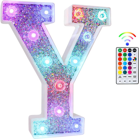 Y Style Color Changing LED Letter Light, Glitter Marquee Lamp with 18 Colors, Remote Controlled, Battery Powered Decorative Letter Light for Party, Wedding, Birthday and Home Decor