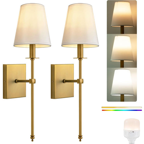 Battery Wall Sconces Sets of 2, Classic Brushed Brass Sconces Wall Lighting,Hardwired Bathroom Vanity Light Fixture with Fabric Shade for Bedroom Living Room