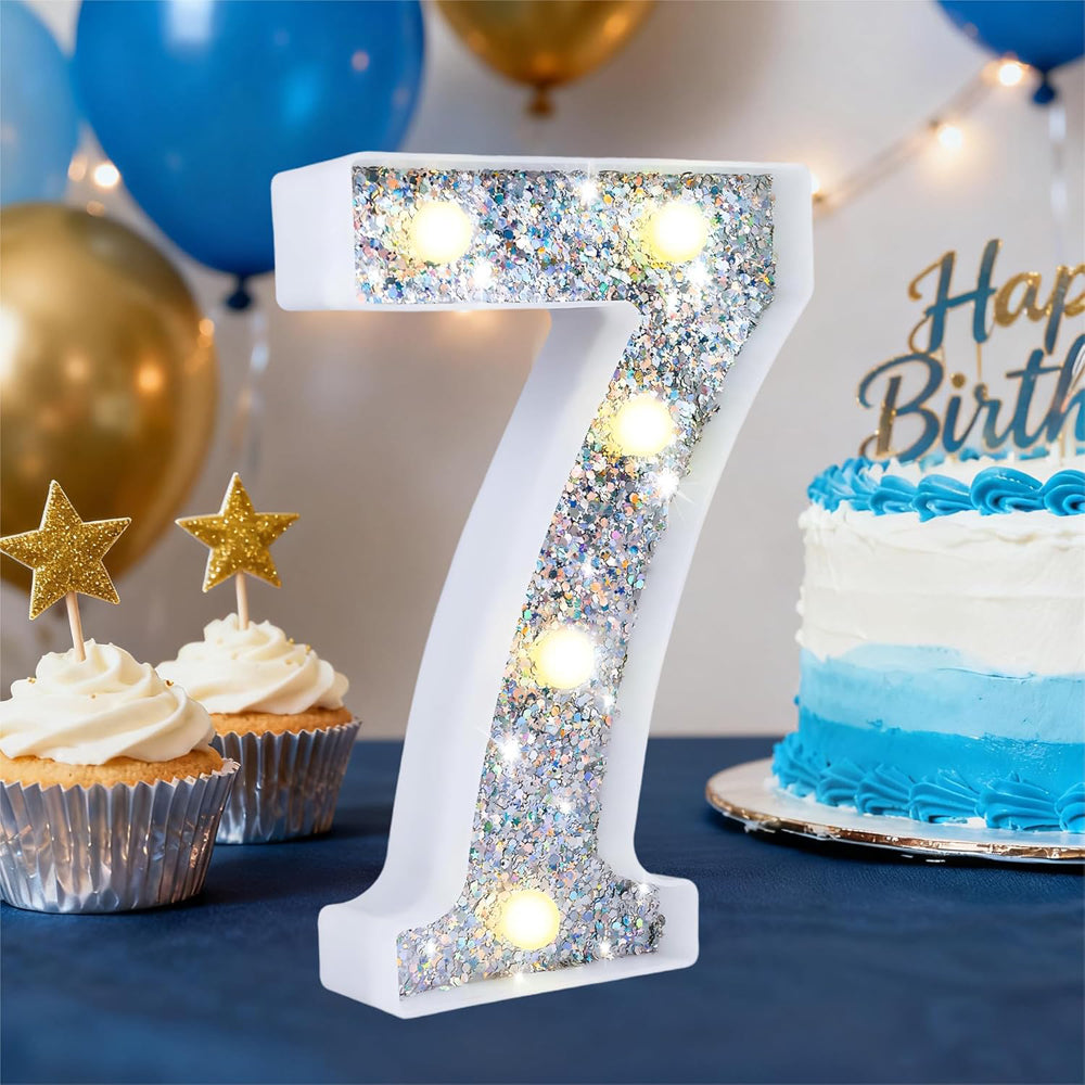 Silver Glitter LED Number Light – 8.86 Inch Marquee Number 7