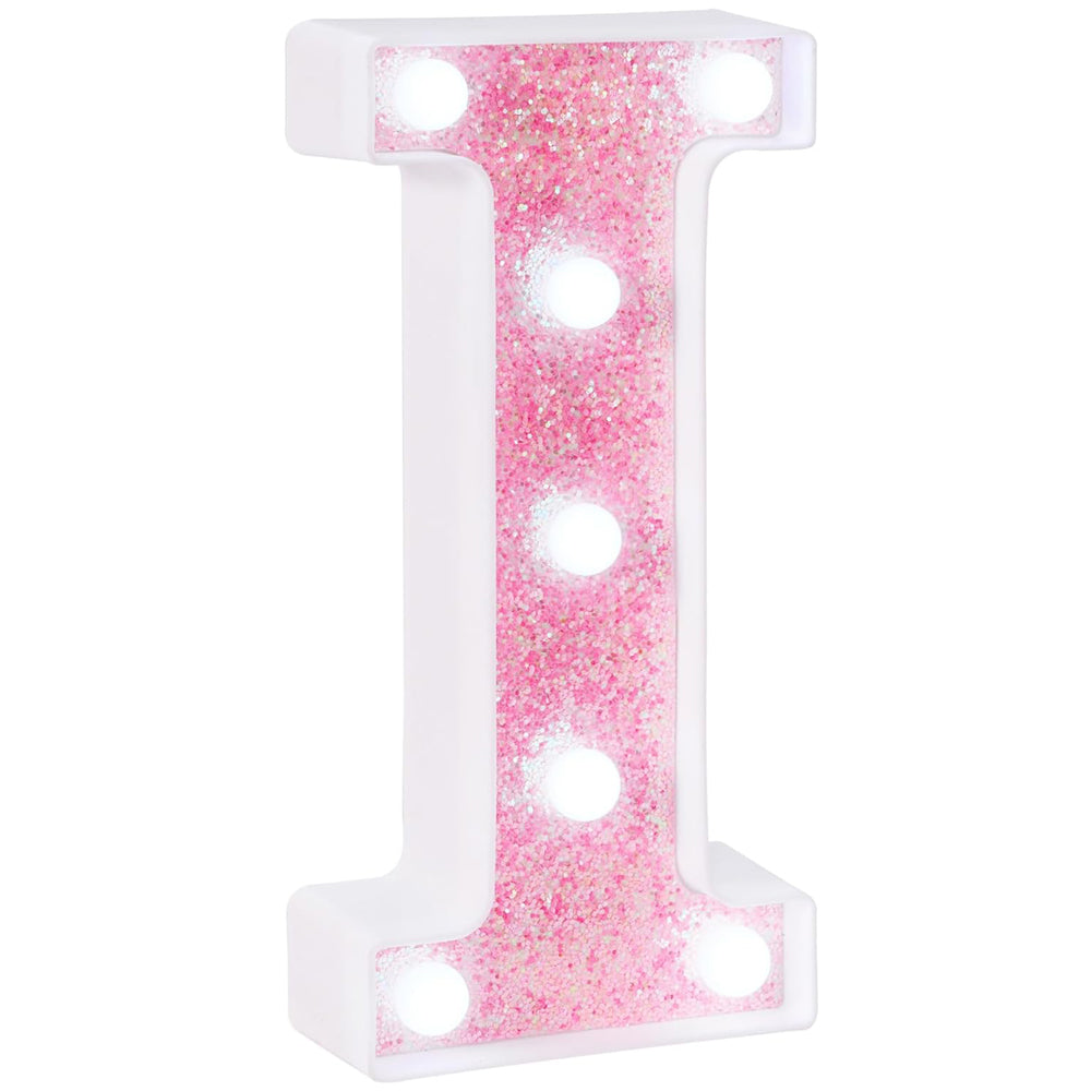 Pink Glitter LED Marquee Letter I - Battery Operated Table Light