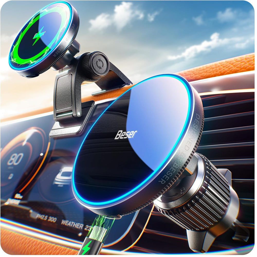 Beser 15W MagSafe Car Mount Charger – Strong 4.16 lbf Magnetic Hold, Qi Wireless Fast Charger for iPhone 12–16 Series