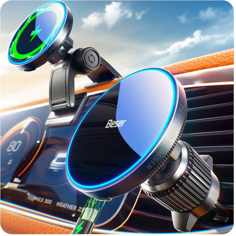 Beser 15W MagSafe Car Mount Charger – Strong 4.16 lbf Magnetic Hold, Qi Wireless Fast Charger for iPhone 12–16 Series