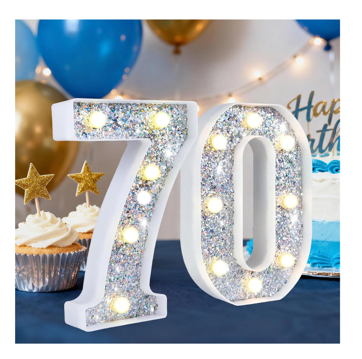 Silver Glitter Light up Numbers,8.86 Inch Marquee Number Lights for Baby Shower Birthday Wedding Anniversary Party Home Wall Decorations, Lighted Numbers as Gift for Girls Daughter, Number 70