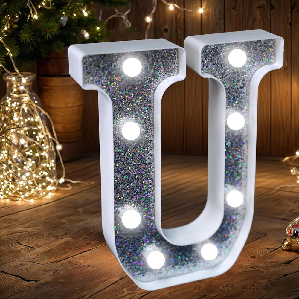Letter U Style LED Marquee Lamp, Silver Glitter Light Up Letter Sign, Battery Powered Tabletop Decorative Marquee Light with On/Off Switch for Wedding, Birthday, Party and Home Decor