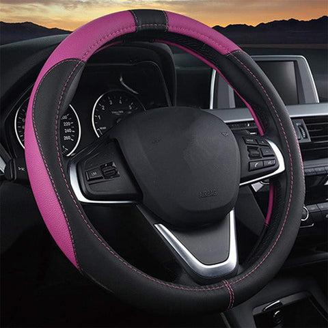 Leather Car Steering Wheel Cover Black Purple 15 Inch