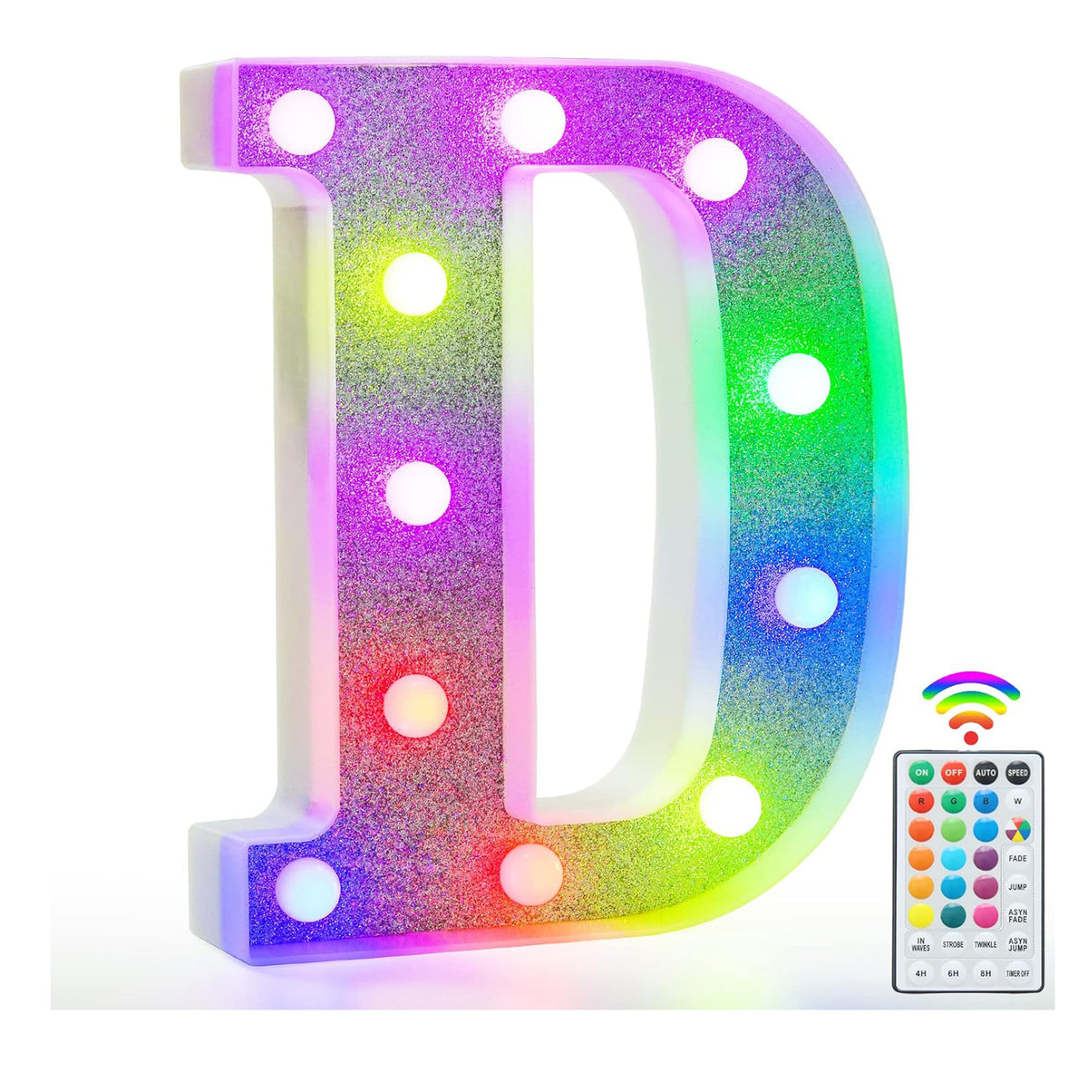 Colorful Light Up Letters, Glitter LED Letter Lights 18 Color Changing Shiny Alphabet Sign Gifts for Girls Women Party Birthday Decorations Remote Night Light Christmas Valentine Wall Table Decor - D