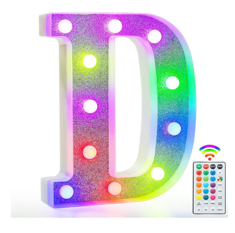 Colorful Light Up Letters, Glitter LED Letter Lights 18 Color Changing Shiny Alphabet Sign Gifts for Girls Women Party Birthday Decorations Remote Night Light Christmas Valentine Wall Table Decor - D