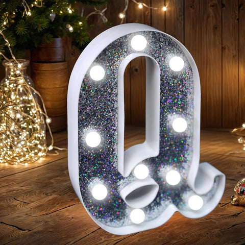 Letter Q Style LED Marquee Lamp, Silver Glitter Light Up Letter Sign, Battery Powered Tabletop Decorative Marquee Light with On/Off Switch for Wedding, Birthday, Party and Home Decor