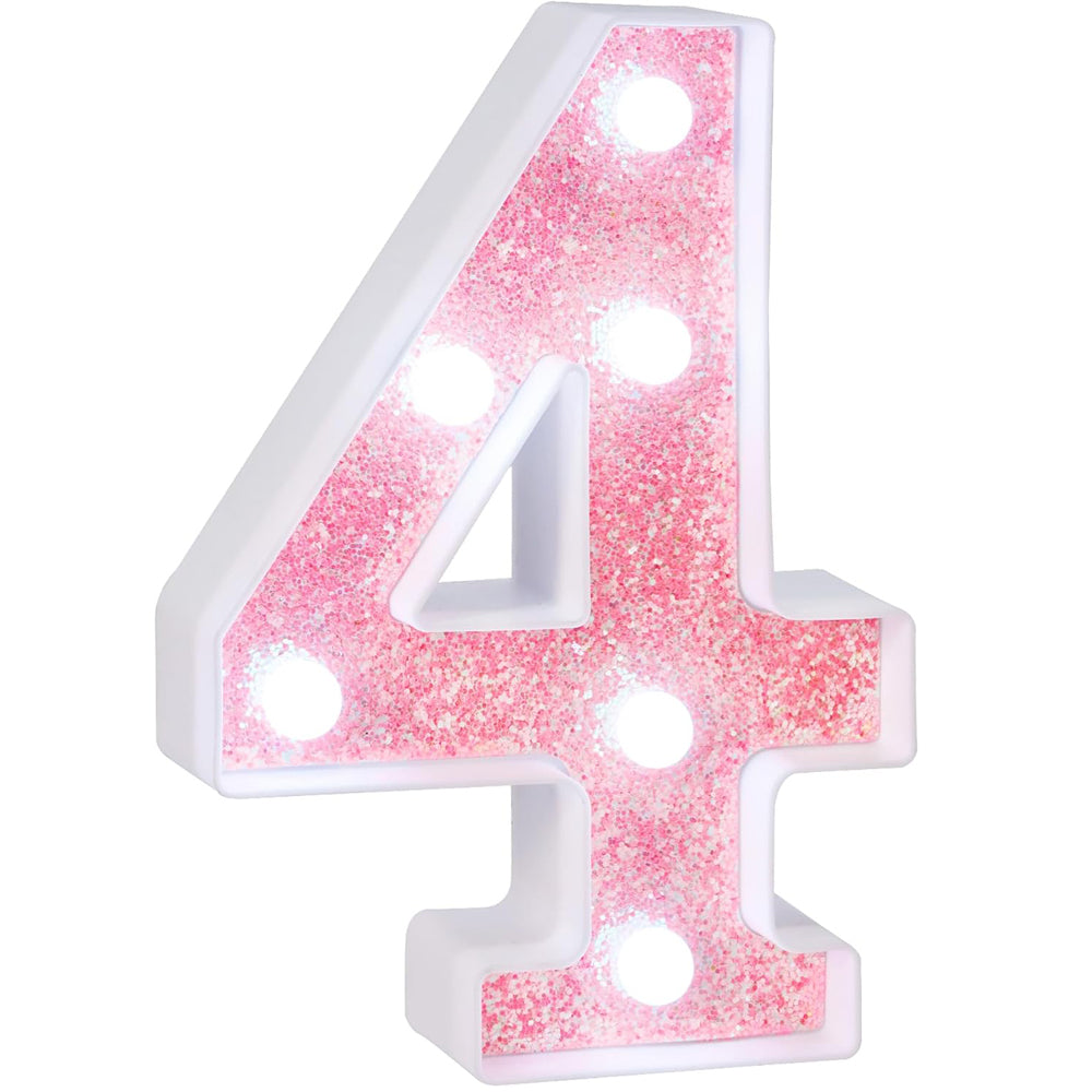 Pink Glitter Marquee Light Up Numbers, LED Number Lights Battery Operated for Girls 4th 14th Pink Birthday Party Table Decorations, Wall Decor for Girls Bedroom, Number 4 Sign Cool White Lights