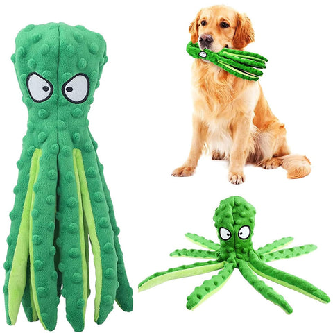 Octopus Dog Chew Toy No Stuffing Squeaky Plush Green