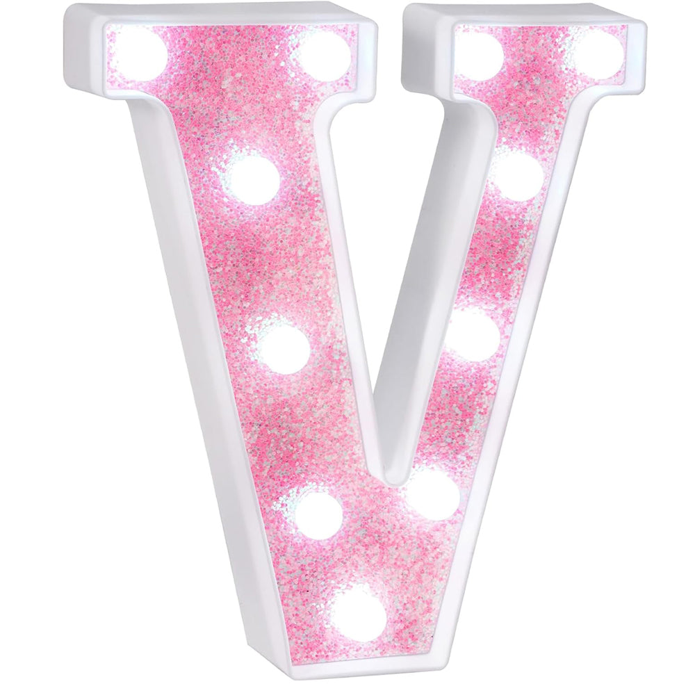 Pink Glitter LED Letter V Marquee Light
