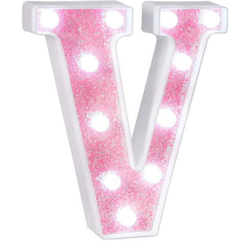 Pink Glitter LED Letter V Marquee Light