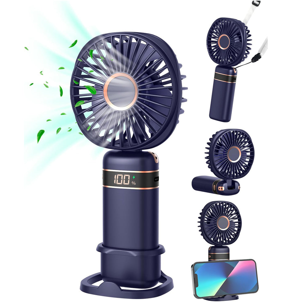 Mini Handheld USB Fan – Rechargeable 5-Speed Folding Fan with Base & Lanyard