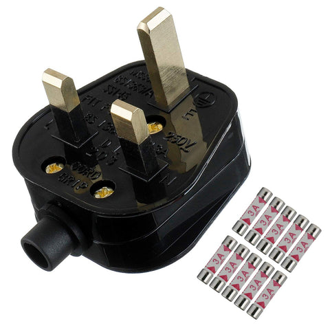 3A Fused Mains Plug with Cord Grip Black Pack of 1