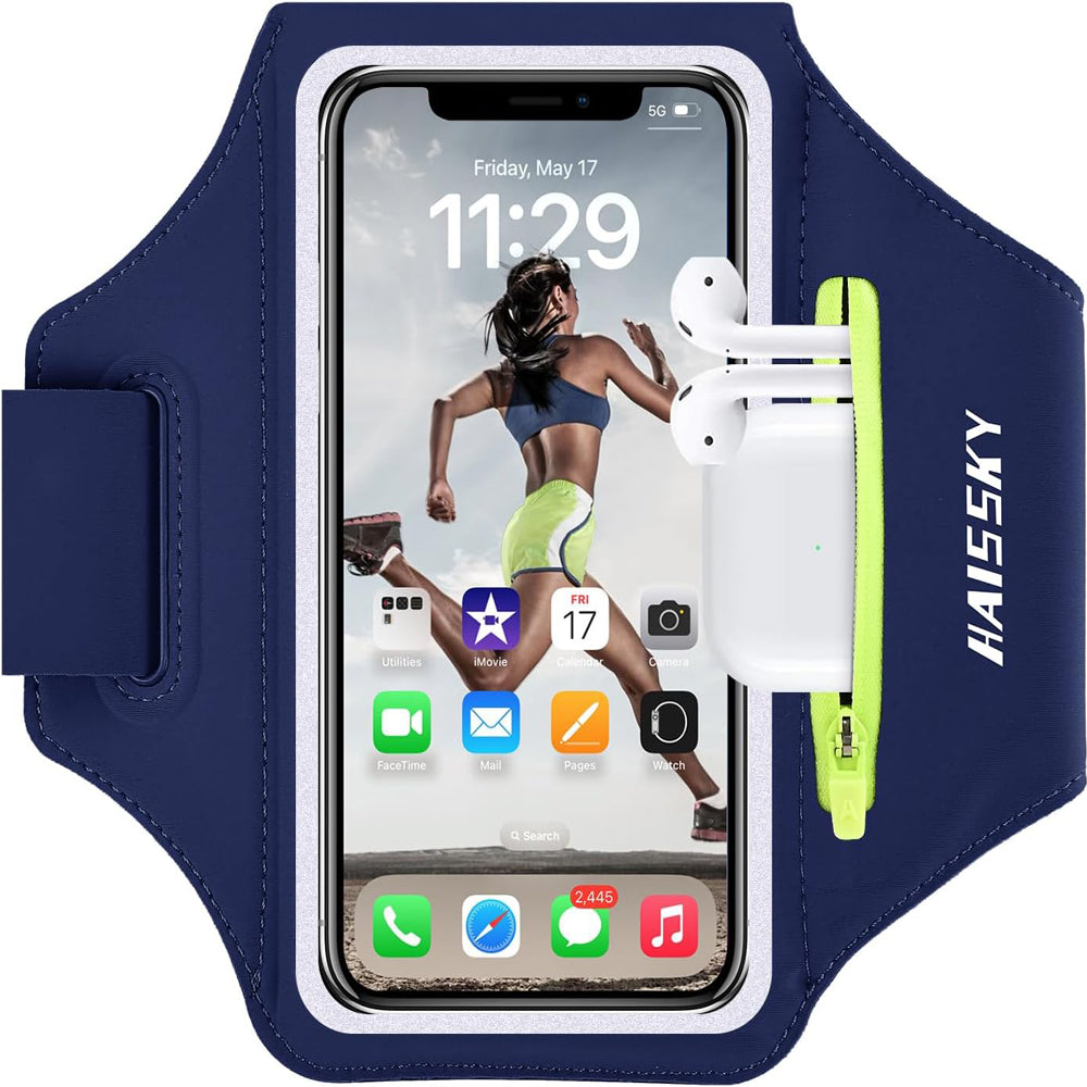 Running Armband Phone Holder with Airpods Pocket – Sweatproof Sports Case Blue