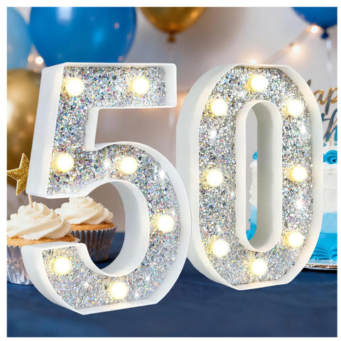 Silver Glitter Light up Numbers,8.86 Inch Marquee Number Lights for Baby Shower Birthday Wedding Anniversary Party Home Wall Decorations, Lighted Numbers as Gift for Girls Daughter, Number 50