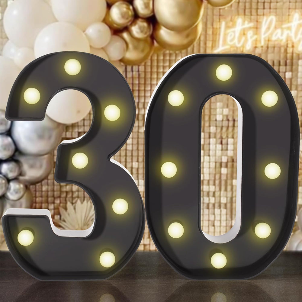 Light Up Glitter Number 30 LED Decorative Sign, Black Finish Birthday and Anniversary Party Decoration, 8.7-Inch Standing LED Numbers for Tabletop or Wall Display