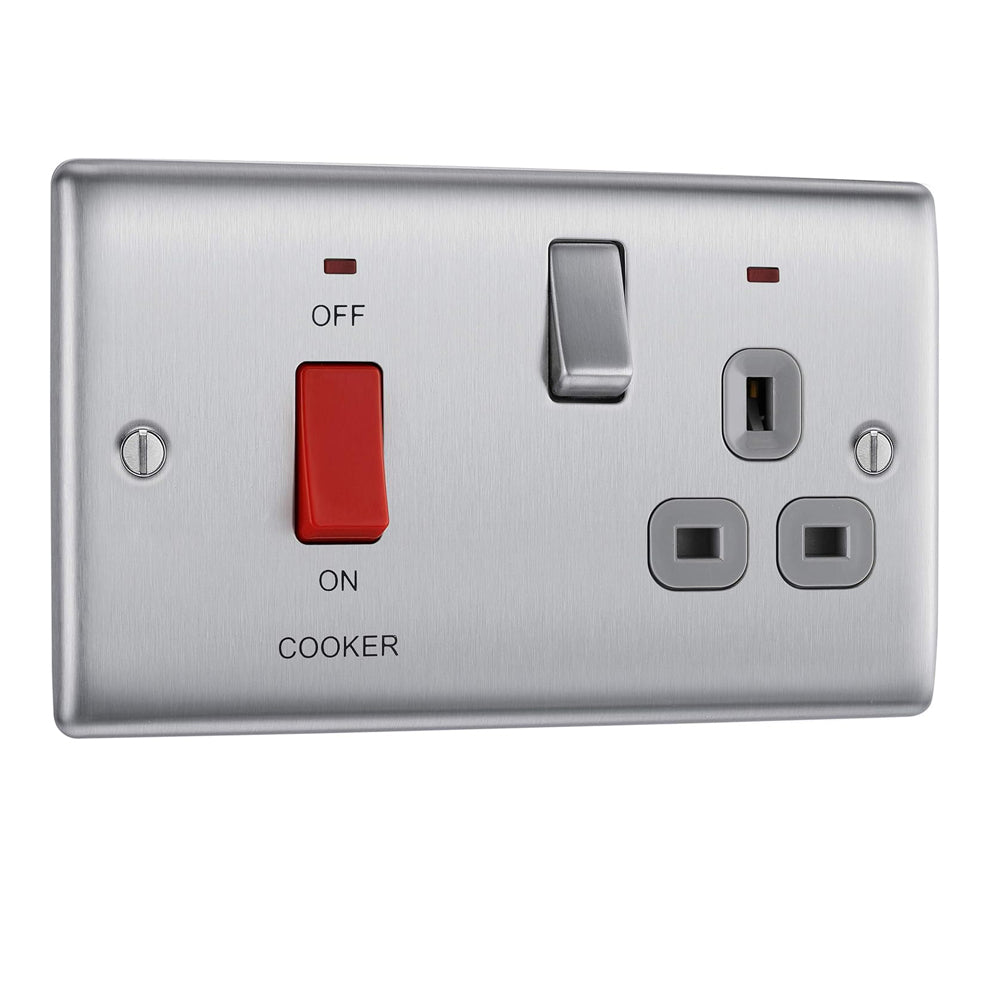 BG Electrical Cooker Switch with Socket and LED, Cooker Control Unit, Control Socket, Double Pole, Raised Profile, Round Edges, Nexus Metal, Brushed Steel, Grey Inserts, 45A, NBS70G