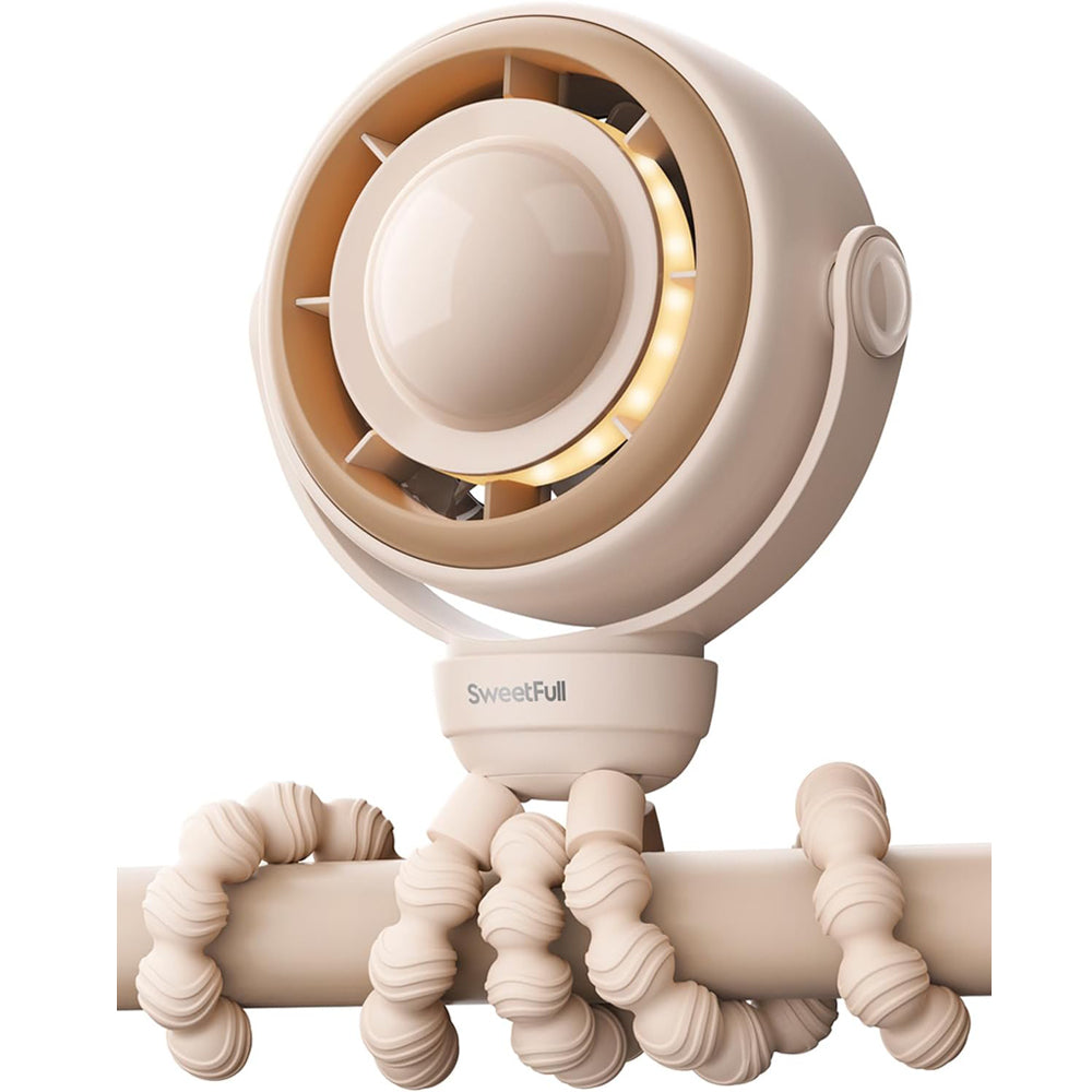SWEETFULL Pram Fan - 360° Rotating Baby Stroller Fan Clip On, 4000mAh Rechargeable 4-Speed Quiet Cooling, LED Display & Night Light for Buggy/Car Seat/Crib Travel Essentials