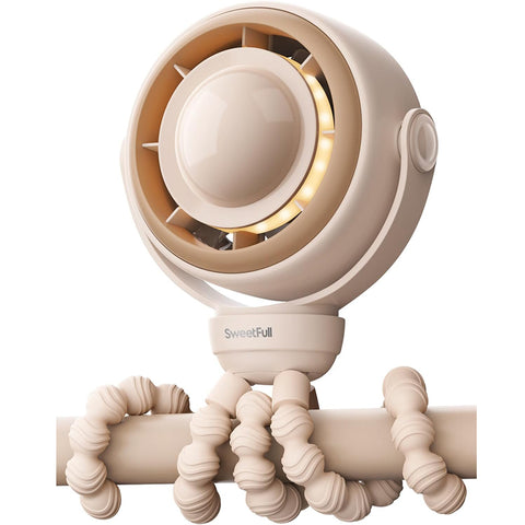 SWEETFULL Pram Fan - 360° Rotating Baby Stroller Fan Clip On, 4000mAh Rechargeable 4-Speed Quiet Cooling, LED Display & Night Light for Buggy/Car Seat/Crib Travel Essentials