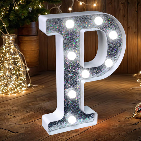 Letter P Style LED Marquee Lamp, Silver Glitter Light Up Letter Sign, Battery Powered Tabletop Decorative Marquee Light with On/Off Switch for Wedding, Birthday, Party and Home Decor