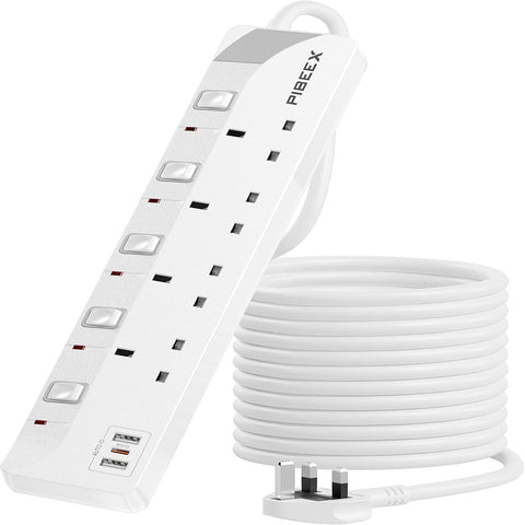 5M Extension Lead with PD 20W USB C, 4 Way Multi Plug Extension Cable with 3 USB Ports, 13A Fused UK Plug, Long Power Cord with Fast Charging USB C, Individual Switches for Home Office Bedroom