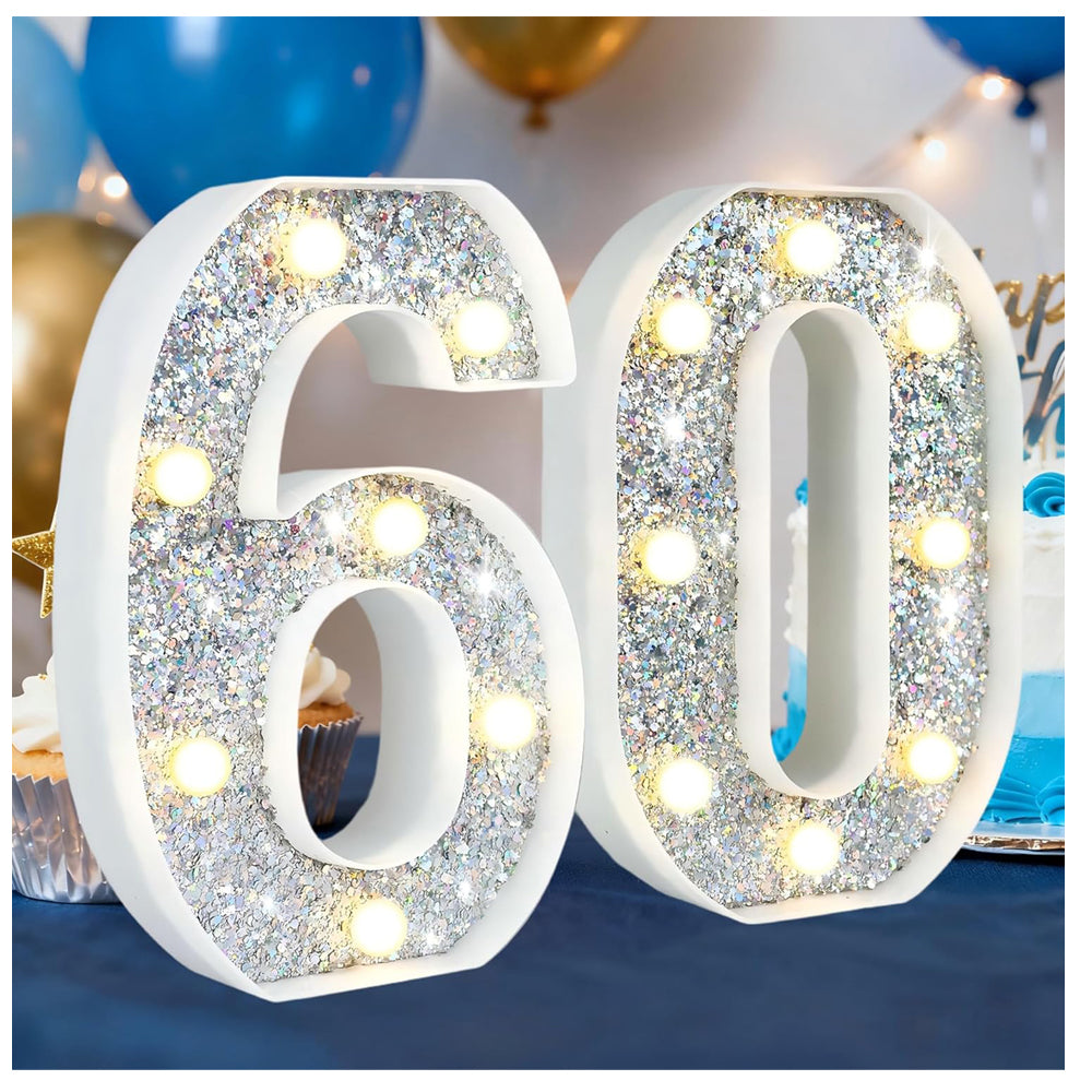 Silver Glitter Light up Numbers,8.86 Inch Marquee Number Lights for Baby Shower Birthday Wedding Anniversary Party Home Wall Decorations, Lighted Numbers as Gift for Girls Daughter, Number 60