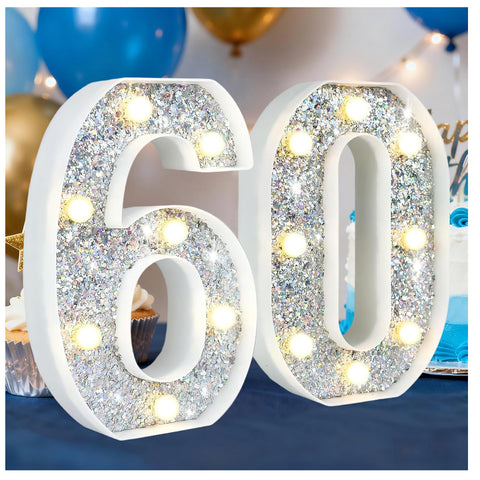 Silver Glitter Light up Numbers,8.86 Inch Marquee Number Lights for Baby Shower Birthday Wedding Anniversary Party Home Wall Decorations, Lighted Numbers as Gift for Girls Daughter, Number 60