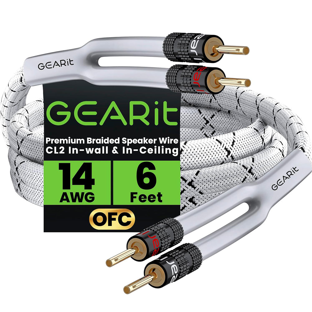 2x2.5mm≤ Speaker Wire with Banana Plugs (1.821 Meters - White) OFC Oxygen-Free Copper, CL2 In-Wall Speaker Cable, Heavy-Duty Braided - 14 Gauge AWG, 6 Feet