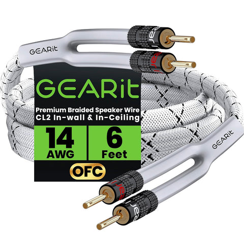 2x2.5mm≤ Speaker Wire with Banana Plugs (1.821 Meters - White) OFC Oxygen-Free Copper, CL2 In-Wall Speaker Cable, Heavy-Duty Braided - 14 Gauge AWG, 6 Feet