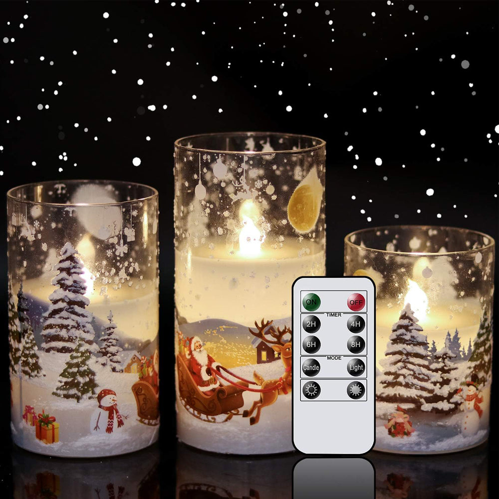 Eldnacele Glass Flameless Santa Claus Candles with Remote Timer – 3 Pack